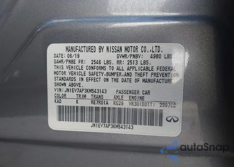 2019 Infiniti Q50 3.0T Luxe z USA, uszkodzony, nr VIN JN1EV7AP3KM543143